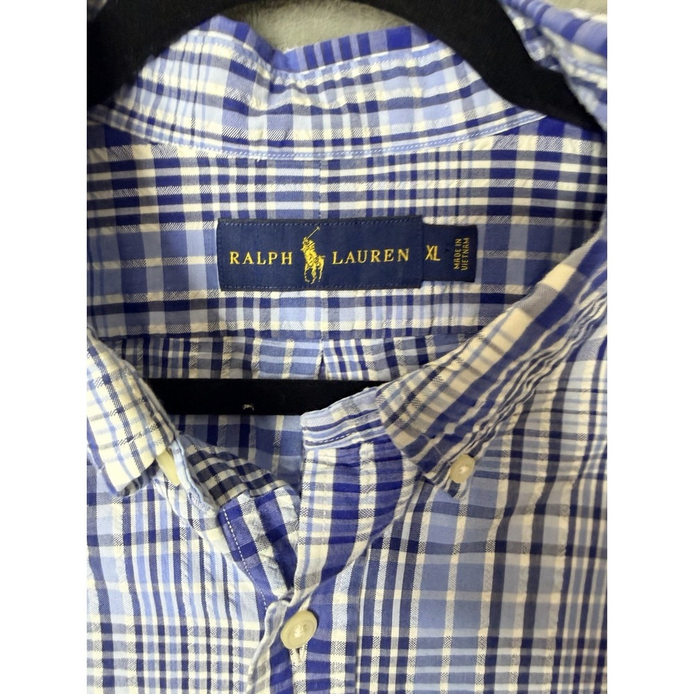 Ralph Lauren Mens XL Blue White Plaid Short Sleeve Button Down Shirt Classic Fit - Picture 4 of 7
